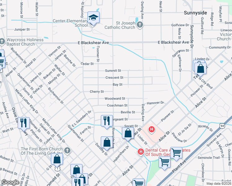 map of restaurants, bars, coffee shops, grocery stores, and more near 1204 Riverside Avenue in Waycross