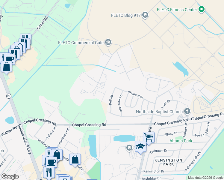 map of restaurants, bars, coffee shops, grocery stores, and more near 557 Kell Road in Brunswick