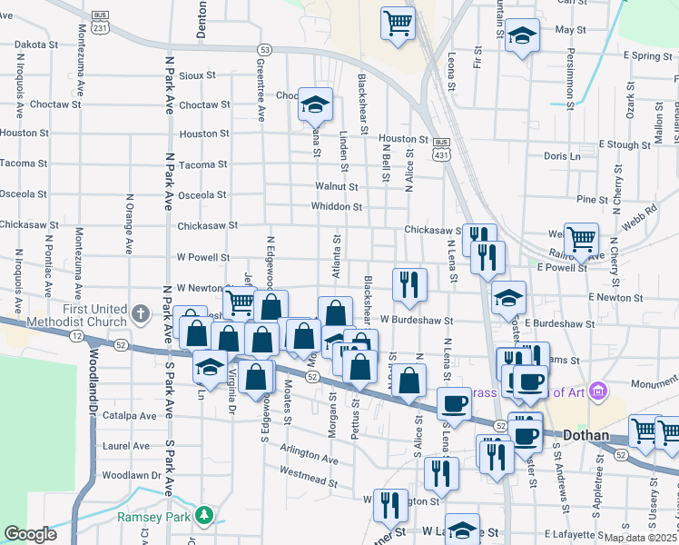 map of restaurants, bars, coffee shops, grocery stores, and more near 406 Atlanta Street in Dothan