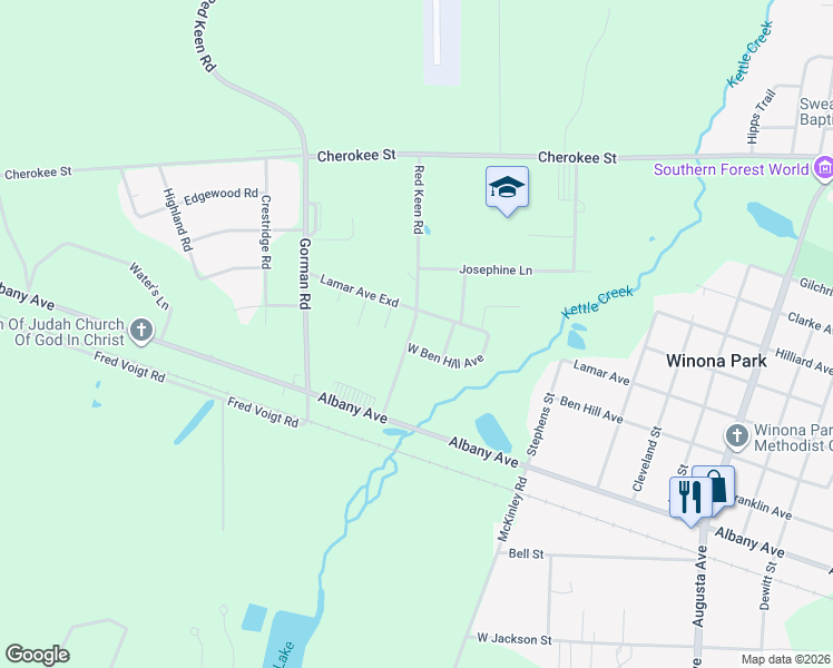map of restaurants, bars, coffee shops, grocery stores, and more near 1215 Red Keen Road in Waycross