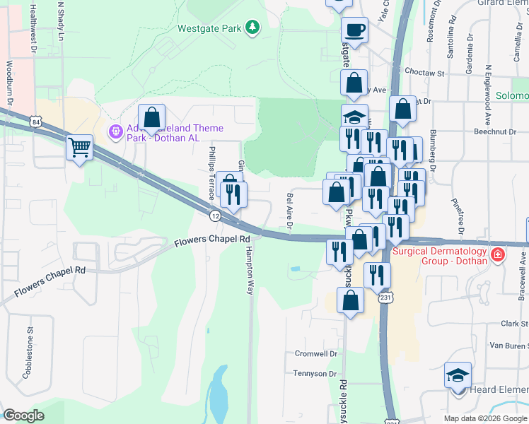 map of restaurants, bars, coffee shops, grocery stores, and more near 110 Castle Drive in Dothan