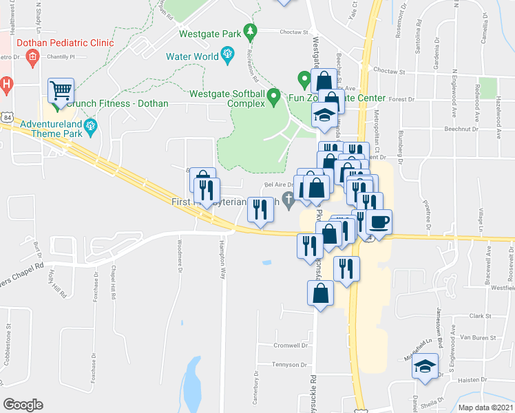 map of restaurants, bars, coffee shops, grocery stores, and more near 107 Bel Aire Drive in Dothan