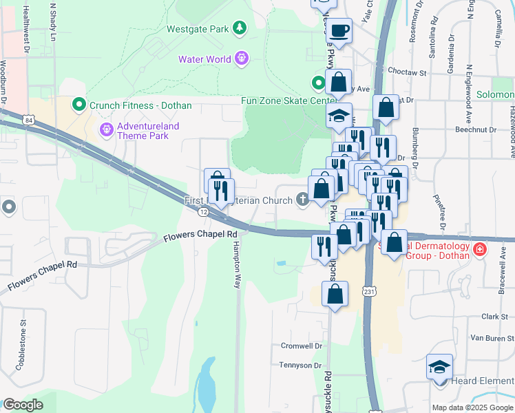 map of restaurants, bars, coffee shops, grocery stores, and more near 107 Bel Aire Drive in Dothan