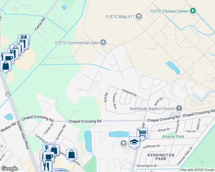 map of restaurants, bars, coffee shops, grocery stores, and more near 557 Kell Road in Brunswick