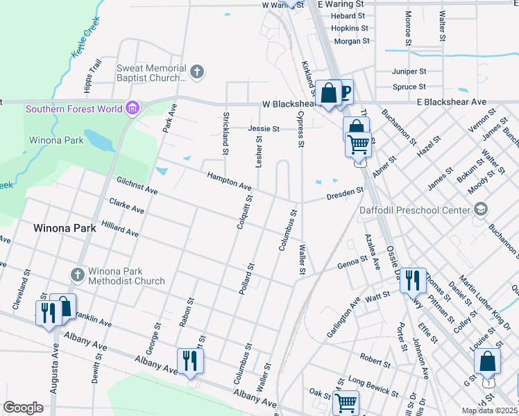 map of restaurants, bars, coffee shops, grocery stores, and more near 1304 Colquitt Street in Waycross