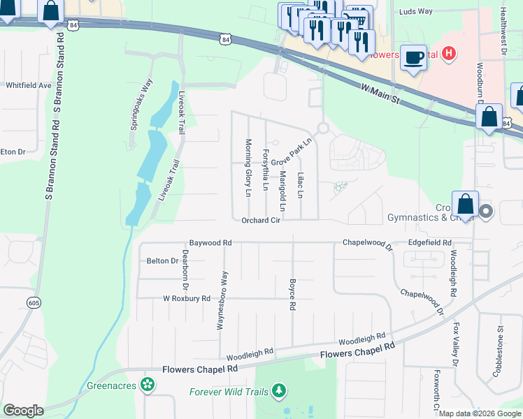 map of restaurants, bars, coffee shops, grocery stores, and more near 412 Forsythia Lane in Dothan