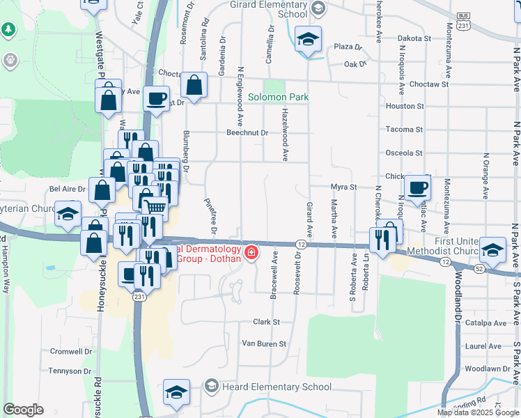 map of restaurants, bars, coffee shops, grocery stores, and more near 109 Village Lane in Dothan
