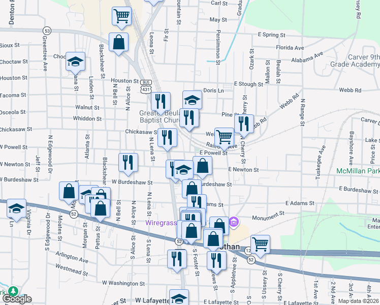 map of restaurants, bars, coffee shops, grocery stores, and more near E Powell St & Headland St in Dothan