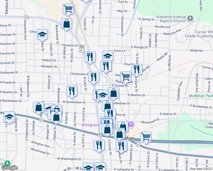 map of restaurants, bars, coffee shops, grocery stores, and more near E Powell St & Headland St in Dothan