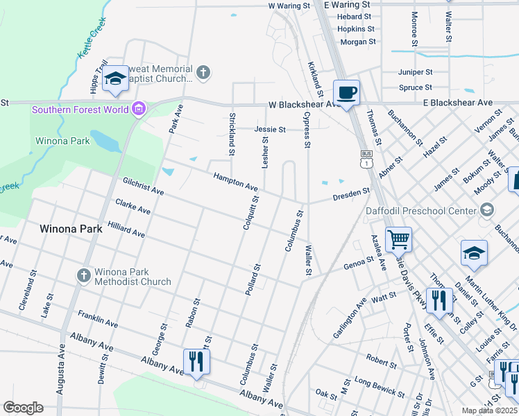 map of restaurants, bars, coffee shops, grocery stores, and more near 1304 Colquitt Street in Waycross