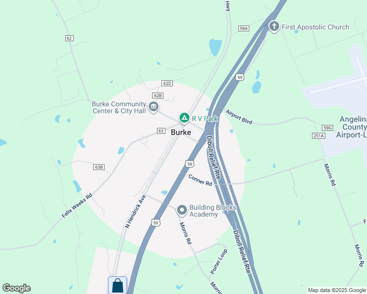 map of restaurants, bars, coffee shops, grocery stores, and more near 3063 Old Diboll Highway in Burke