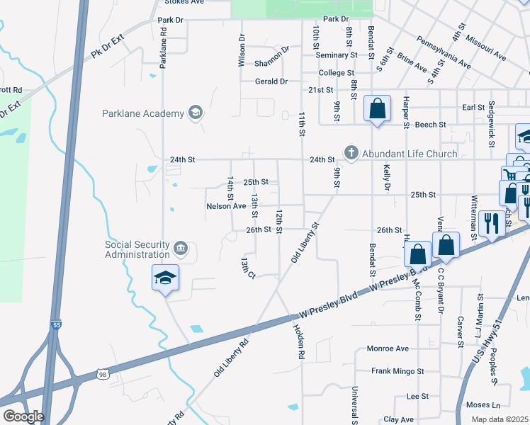 map of restaurants, bars, coffee shops, grocery stores, and more near 1112 26th Street in McComb