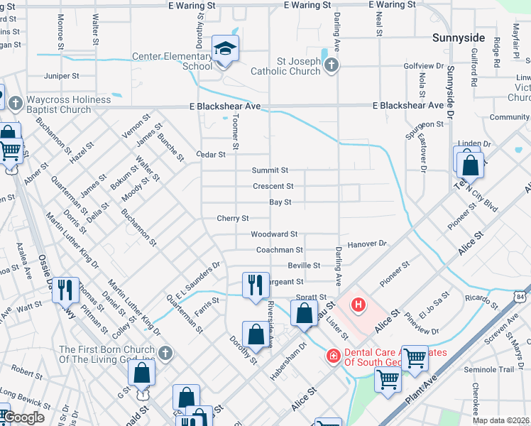 map of restaurants, bars, coffee shops, grocery stores, and more near 1204 Riverside Avenue in Waycross