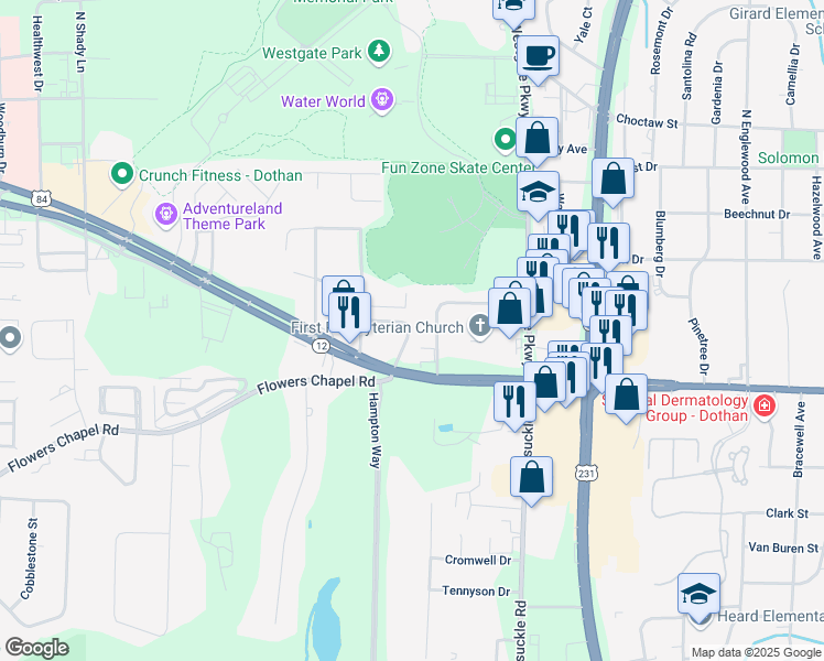 map of restaurants, bars, coffee shops, grocery stores, and more near 107 Castle Drive in Dothan