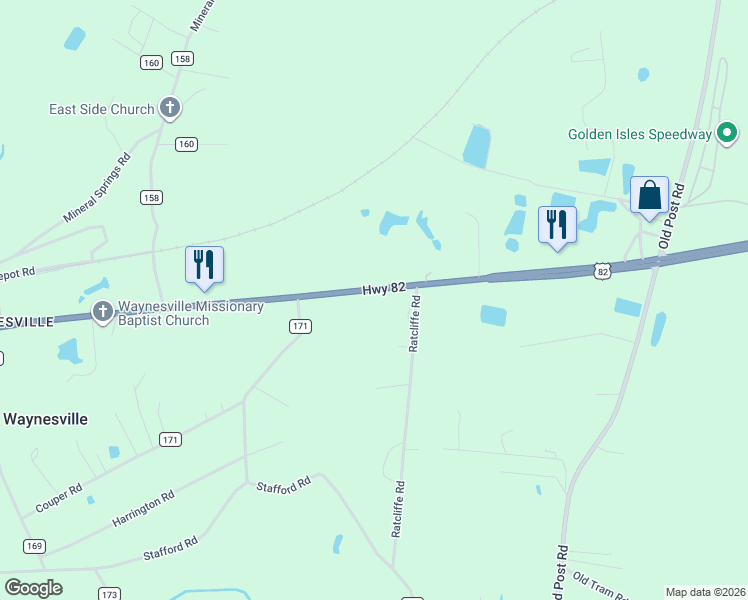 map of restaurants, bars, coffee shops, grocery stores, and more near 26224 U.S. 82 in Brantley County