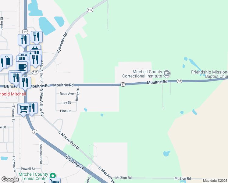 map of restaurants, bars, coffee shops, grocery stores, and more near 585 Moultrie Road in Camilla