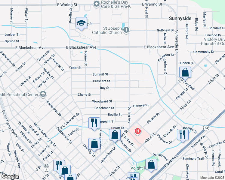 map of restaurants, bars, coffee shops, grocery stores, and more near 701 Bay Street in Waycross