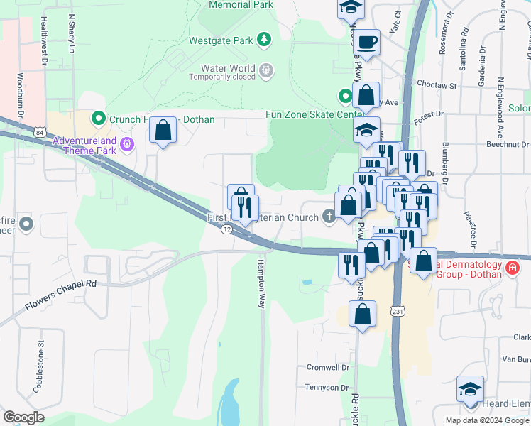 map of restaurants, bars, coffee shops, grocery stores, and more near 101 Castle Drive in Dothan