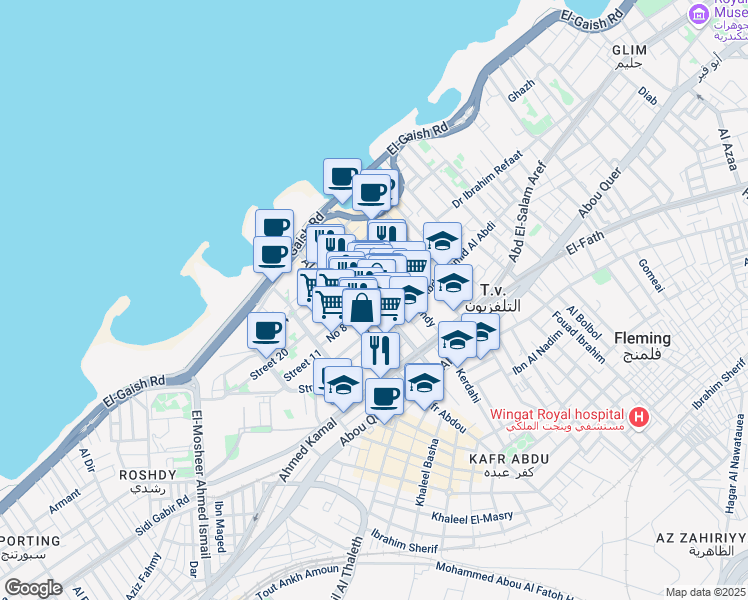 map of restaurants, bars, coffee shops, grocery stores, and more near Syria in Sidi Gaber