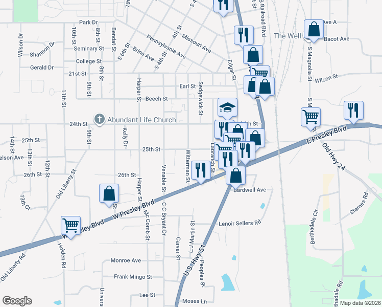 map of restaurants, bars, coffee shops, grocery stores, and more near 522 25th Street in McComb