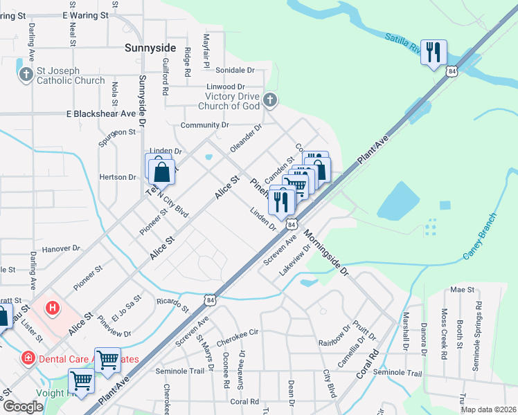 map of restaurants, bars, coffee shops, grocery stores, and more near 207 Pinehurst Drive in Waycross