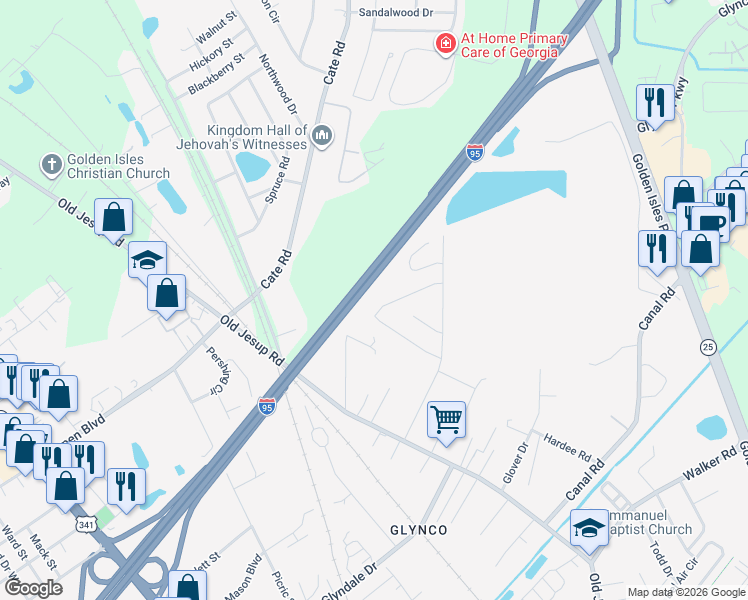 map of restaurants, bars, coffee shops, grocery stores, and more near 255 Yarnell Drive in Brunswick