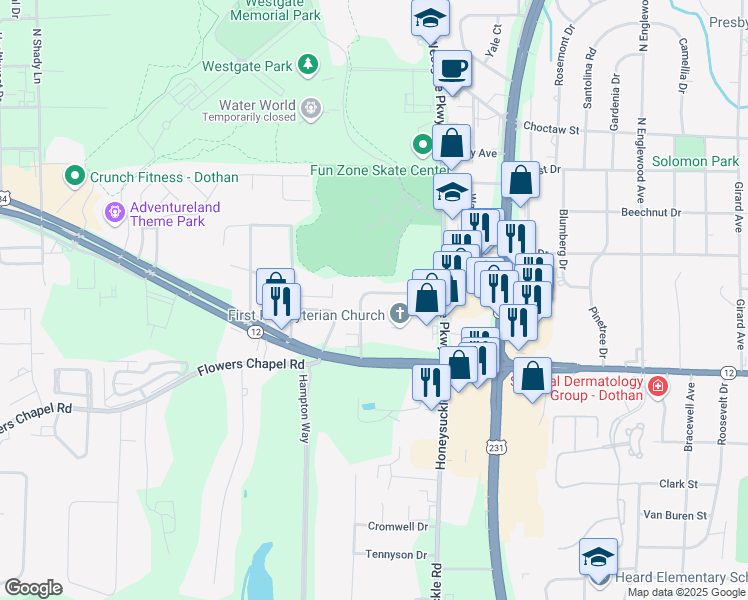 map of restaurants, bars, coffee shops, grocery stores, and more near 114 Bel Aire Drive in Dothan