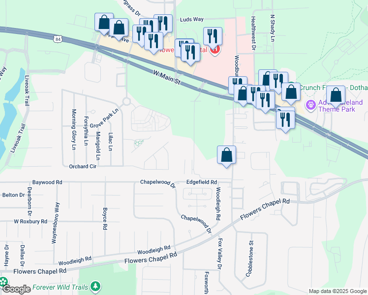 map of restaurants, bars, coffee shops, grocery stores, and more near 441 Nypro Lane in Dothan