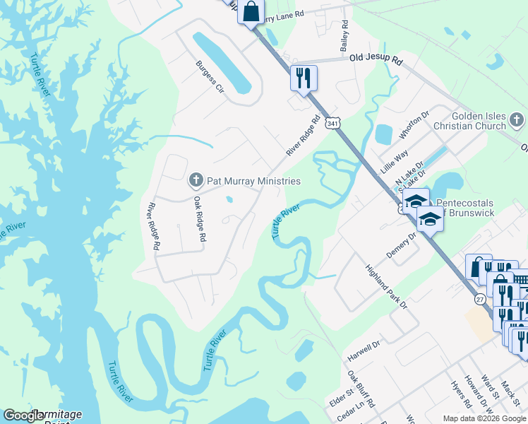 map of restaurants, bars, coffee shops, grocery stores, and more near 136 River Ridge Road in Brunswick