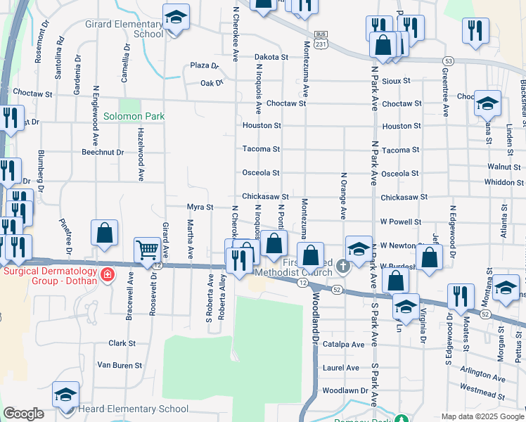 map of restaurants, bars, coffee shops, grocery stores, and more near 302 North Iroquois Avenue in Dothan