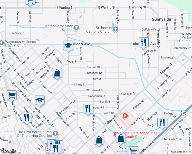 map of restaurants, bars, coffee shops, grocery stores, and more near 715 Crescent Street in Waycross