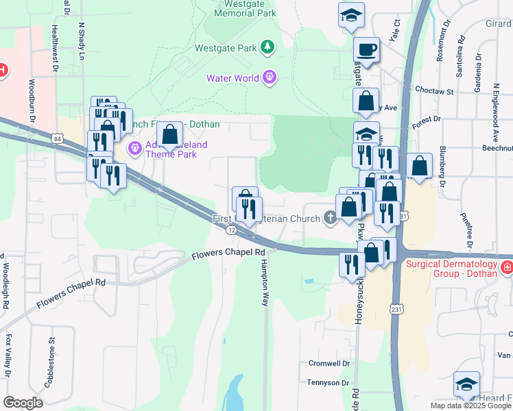 map of restaurants, bars, coffee shops, grocery stores, and more near 101 Knight Court in Dothan