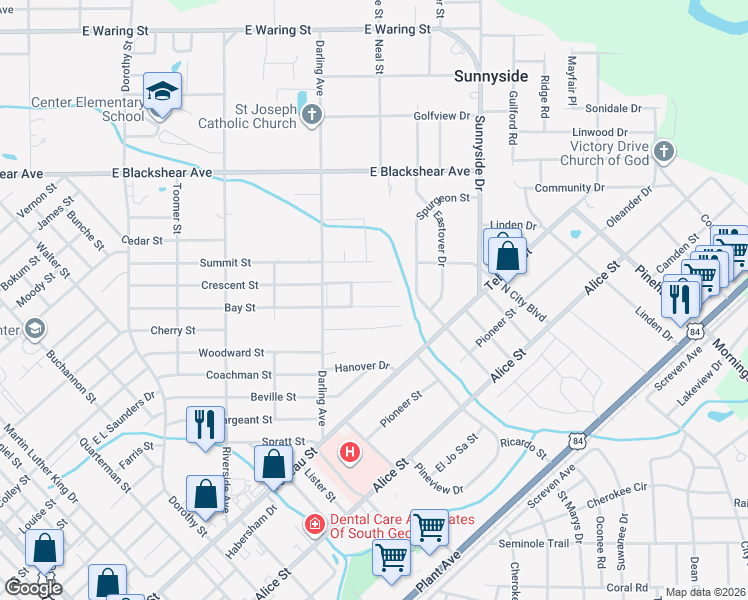 map of restaurants, bars, coffee shops, grocery stores, and more near 507 Crescent Street in Waycross