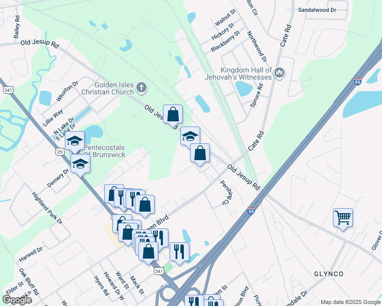 map of restaurants, bars, coffee shops, grocery stores, and more near 1785 Old Jesup Road in Brunswick