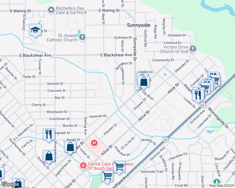 map of restaurants, bars, coffee shops, grocery stores, and more near 2211 Spurgeon Street in Waycross
