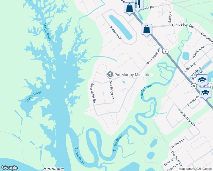 map of restaurants, bars, coffee shops, grocery stores, and more near 121 Riverwood Road in Brunswick