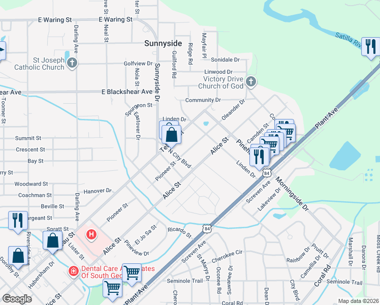 map of restaurants, bars, coffee shops, grocery stores, and more near 2204 Oleander Drive in Waycross