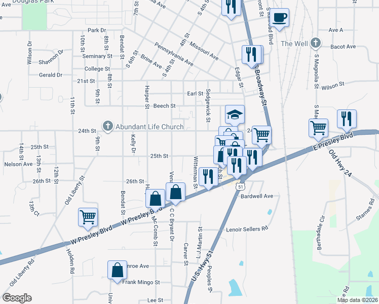 map of restaurants, bars, coffee shops, grocery stores, and more near 522 25th Street in McComb
