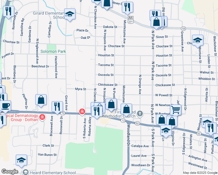 map of restaurants, bars, coffee shops, grocery stores, and more near 302 N Iroquois Ave in Dothan