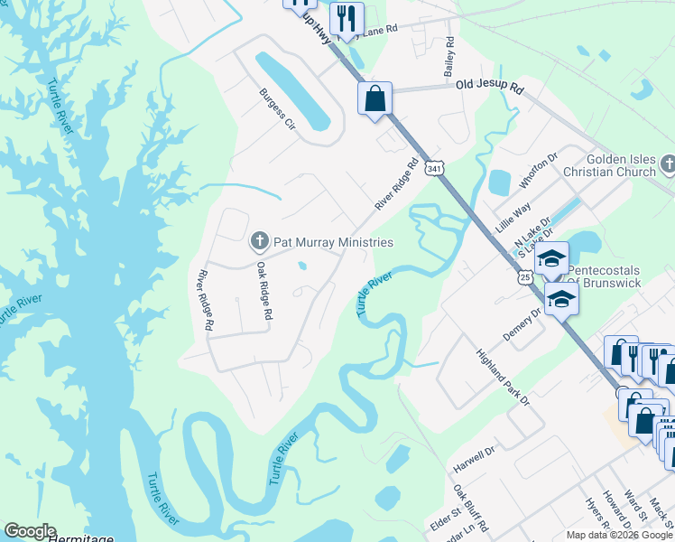 map of restaurants, bars, coffee shops, grocery stores, and more near 136 River Ridge Rd in Brunswick