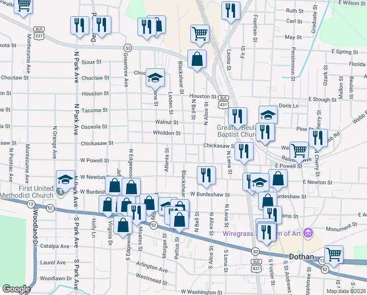 map of restaurants, bars, coffee shops, grocery stores, and more near 517 Blackshear Street in Dothan