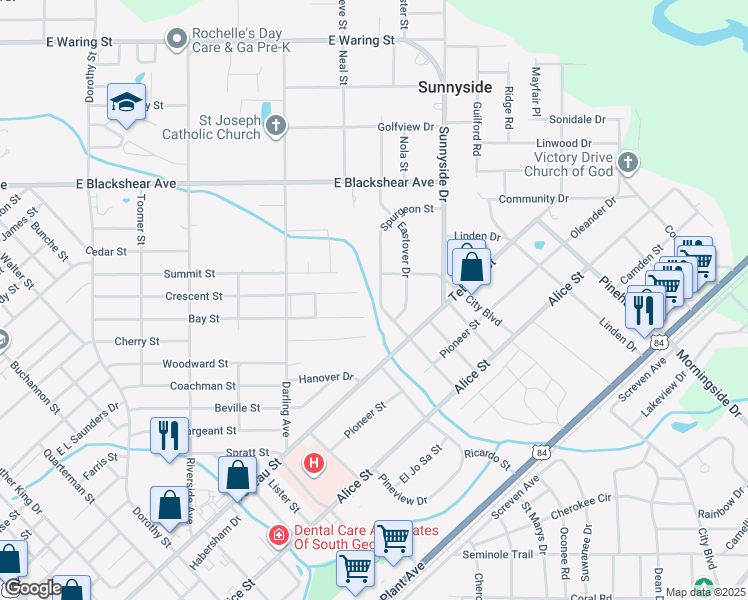 map of restaurants, bars, coffee shops, grocery stores, and more near 2211 Spurgeon Street in Waycross