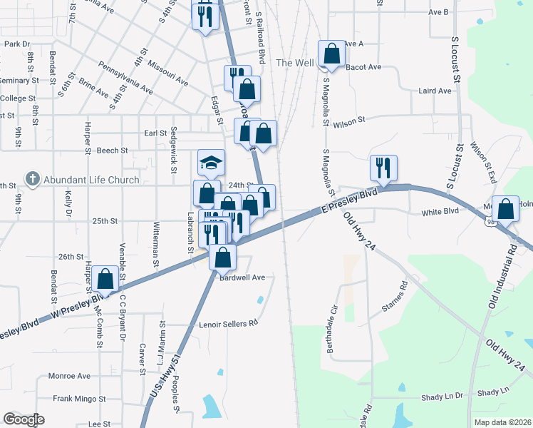 map of restaurants, bars, coffee shops, grocery stores, and more near 114 Nehi Circle in McComb
