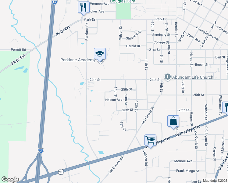 map of restaurants, bars, coffee shops, grocery stores, and more near 1300 14th Street in McComb