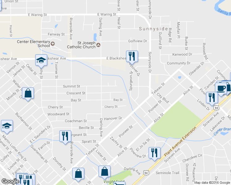 map of restaurants, bars, coffee shops, grocery stores, and more near Crescent Street in Waycross