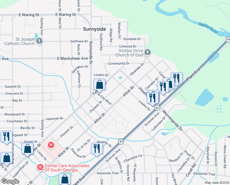 map of restaurants, bars, coffee shops, grocery stores, and more near 2204 Oleander Drive in Waycross