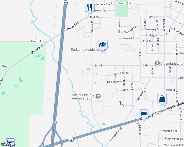 map of restaurants, bars, coffee shops, grocery stores, and more near 1221 Parklane Road in McComb