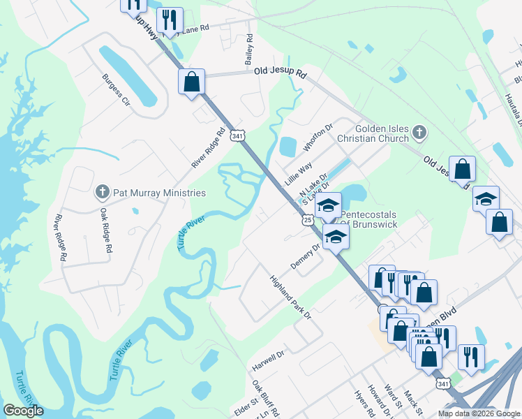 map of restaurants, bars, coffee shops, grocery stores, and more near 120 1/2 Burnett Road in Brunswick
