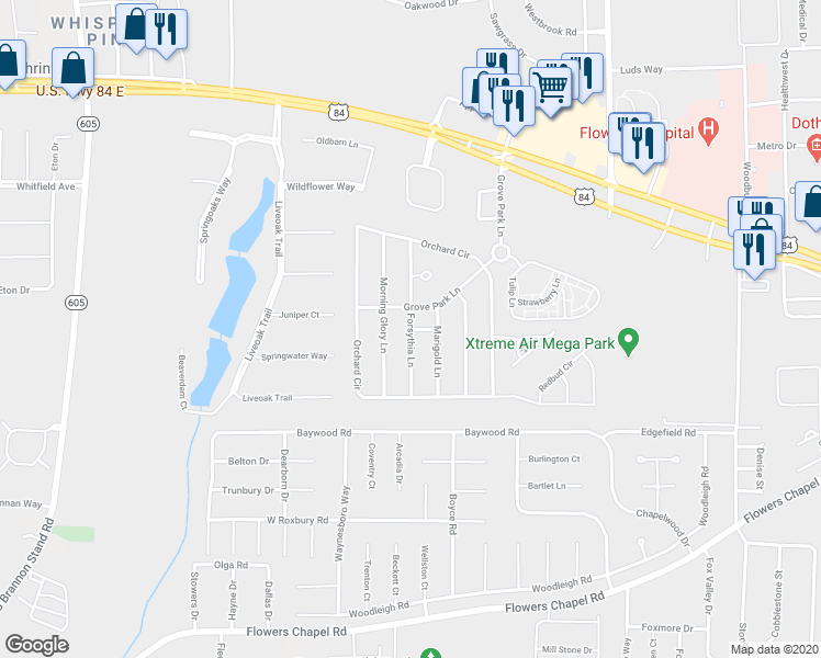 map of restaurants, bars, coffee shops, grocery stores, and more near Forsythia Lane in Dothan