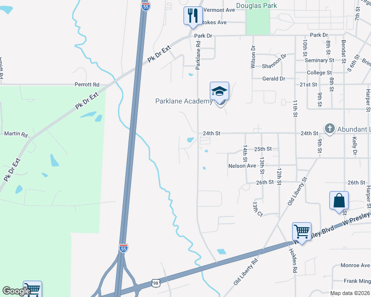 map of restaurants, bars, coffee shops, grocery stores, and more near 1210 Parklane Road in McComb
